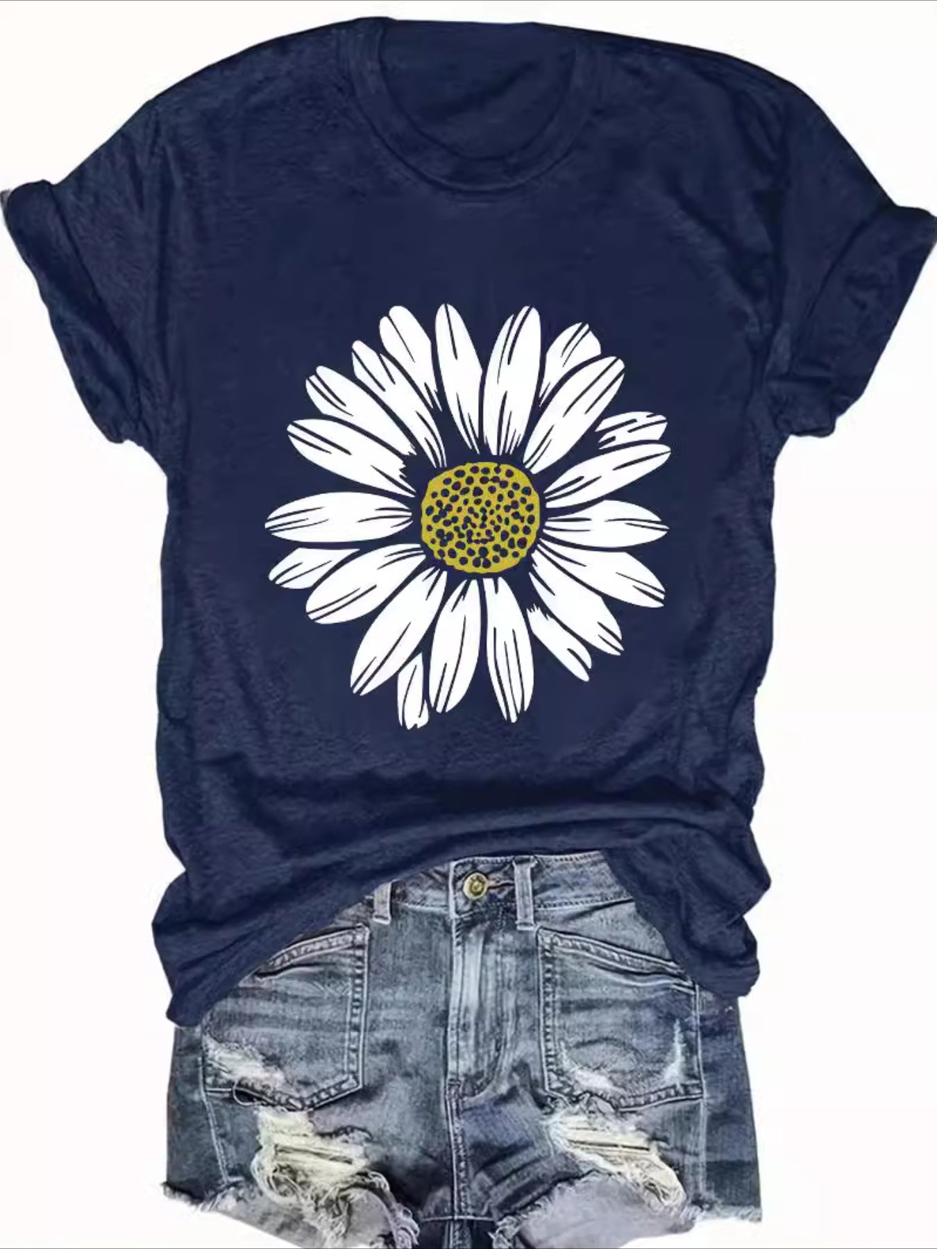 Daisy Flower Print Crew Neck Short Sleeve T-Shirt