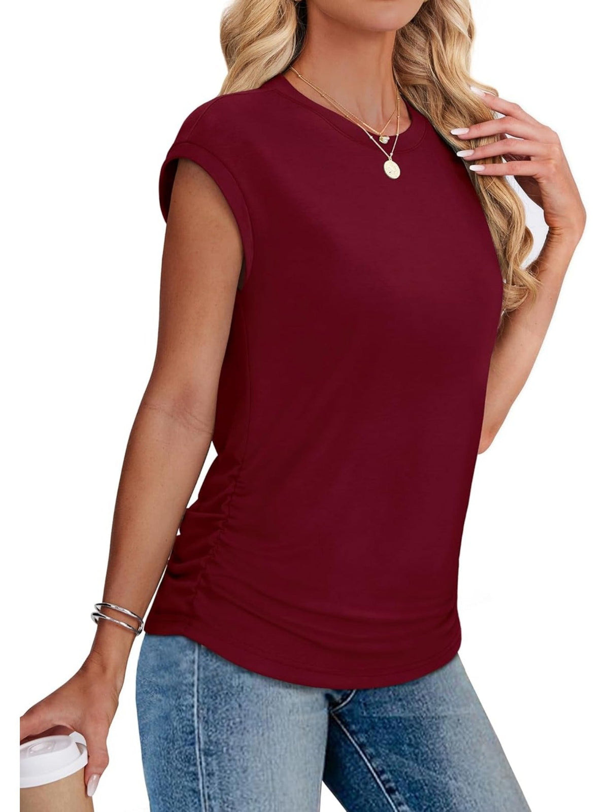Solid Color Crew Neck Ruched Cap Short Sleeve T Shirts