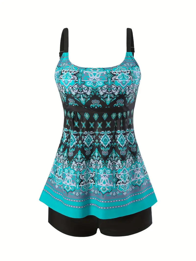 Colorful Digital Pattern Tankini Sets, Boxer Shorts Stretchy Tummy Cover Two Piece Swimsuit