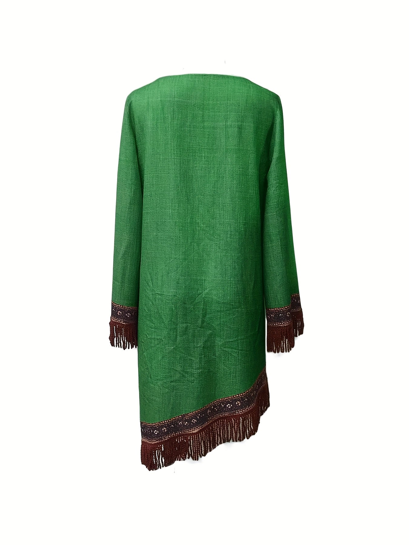 Elegant V-Neck Floral Pattern Fringe Detail and Long Sleeves Dress