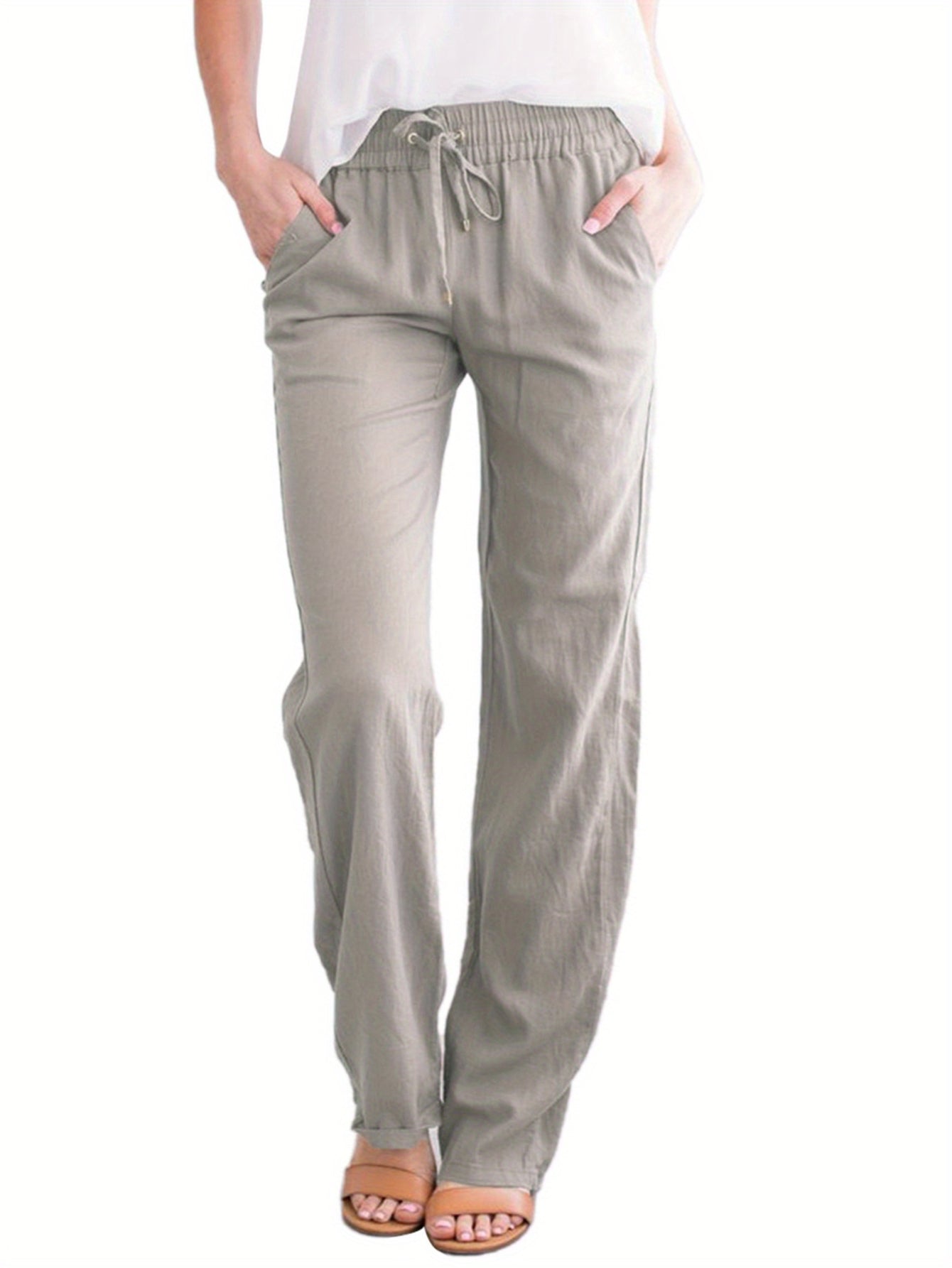 Women's Loose Fit Wide-Leg Trousers - Casual Solid Color Drawstring Design Fashion Pants