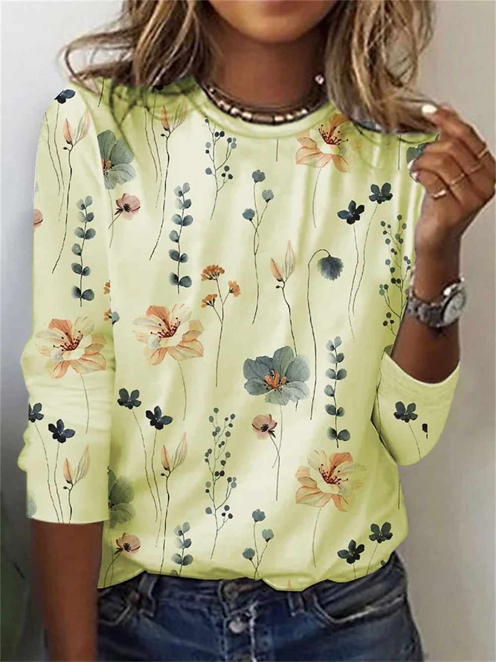 Floral Print Round Neck Long Sleeve T-Shirt