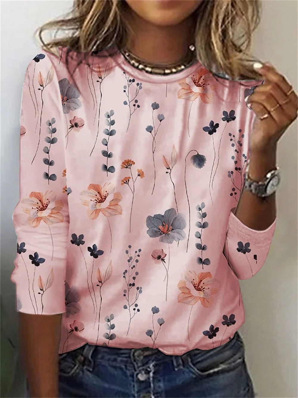 Floral Print Round Neck Long Sleeve T-Shirt
