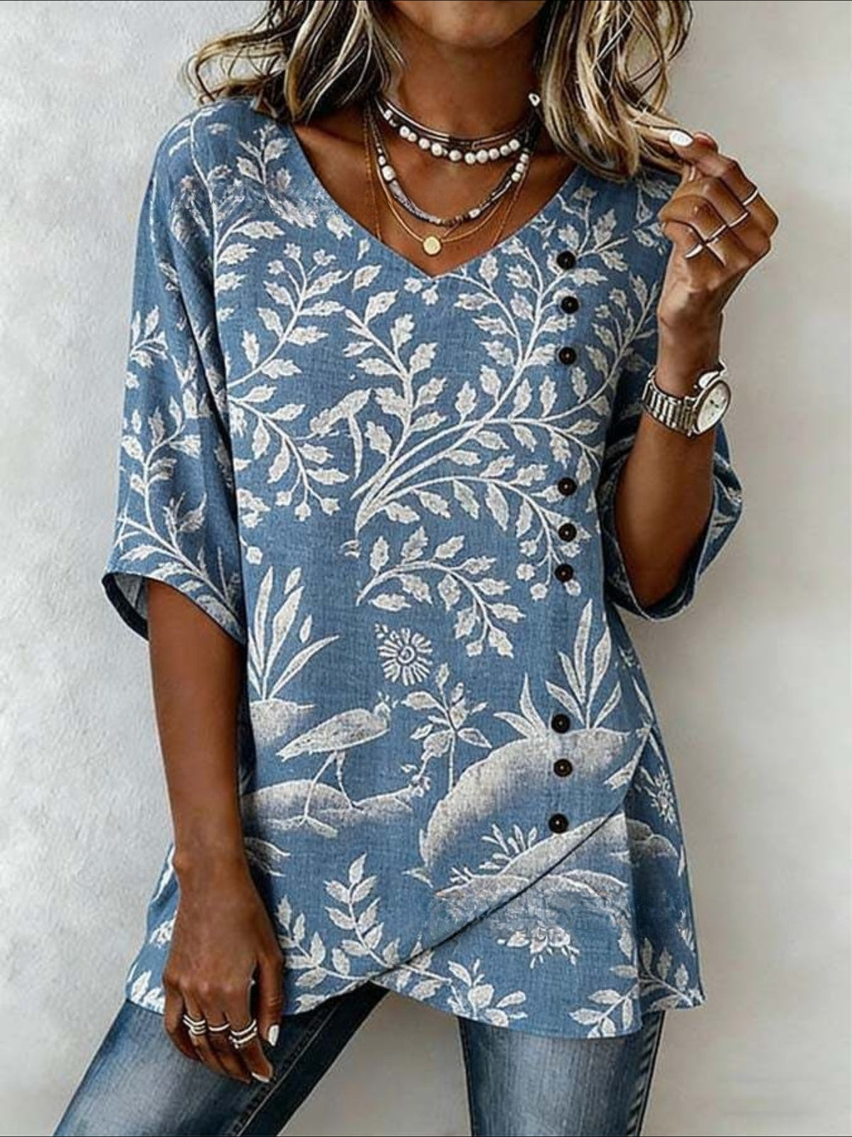 Vintage Cotton-Blend Botanical Pattern V Neck Shirt