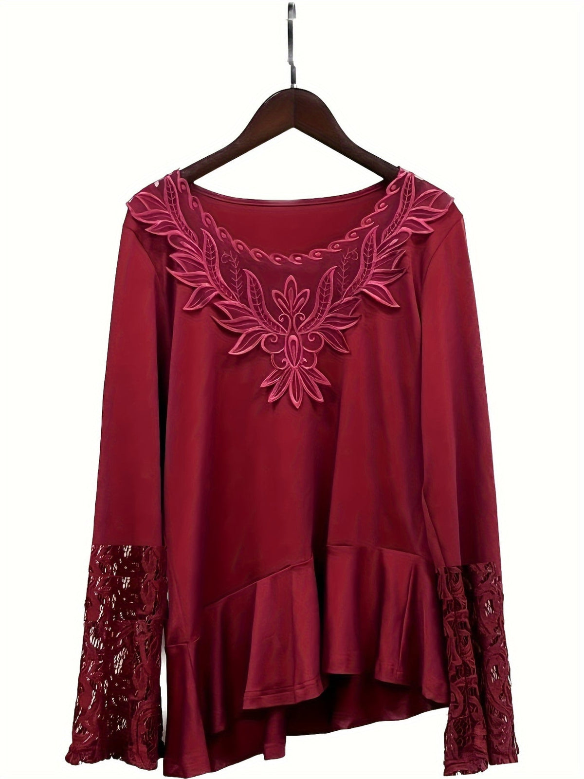 Contrast Lace Ruffle Hem Crew Neck T-Shirt, Casual Long Sleeve Top