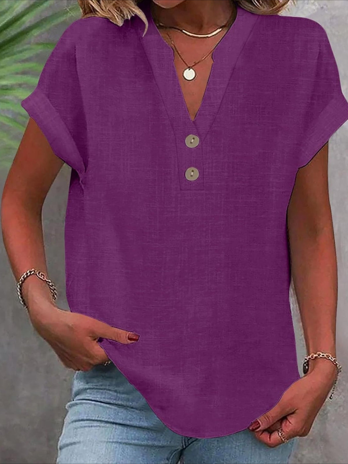 Solid Color V Neck Short Sleeve Button Down T Shirts