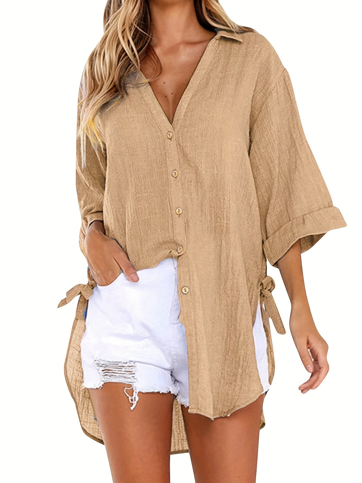 Solid Color V Neck Blouse, Casual Half Sleeve Blouse
