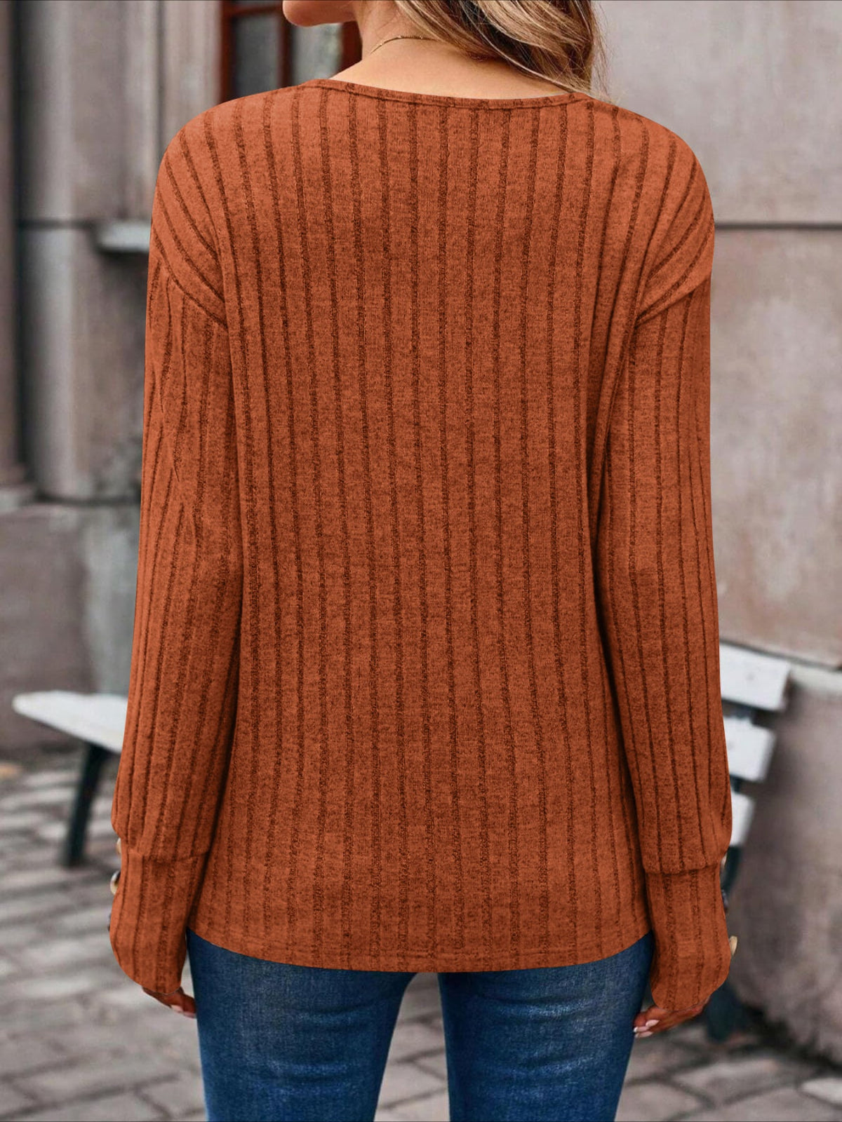 Womens Ribbed Button Detail T-Shirt - Fashionable V-Neck Long Sleeve Top