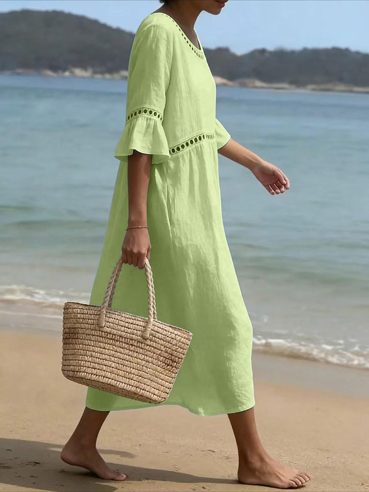 Color Retro Laced Lace Short Sleeve Round Neck Dress