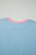 Mist Blue Soft Ribbed Color Block Trim Casual Short Set