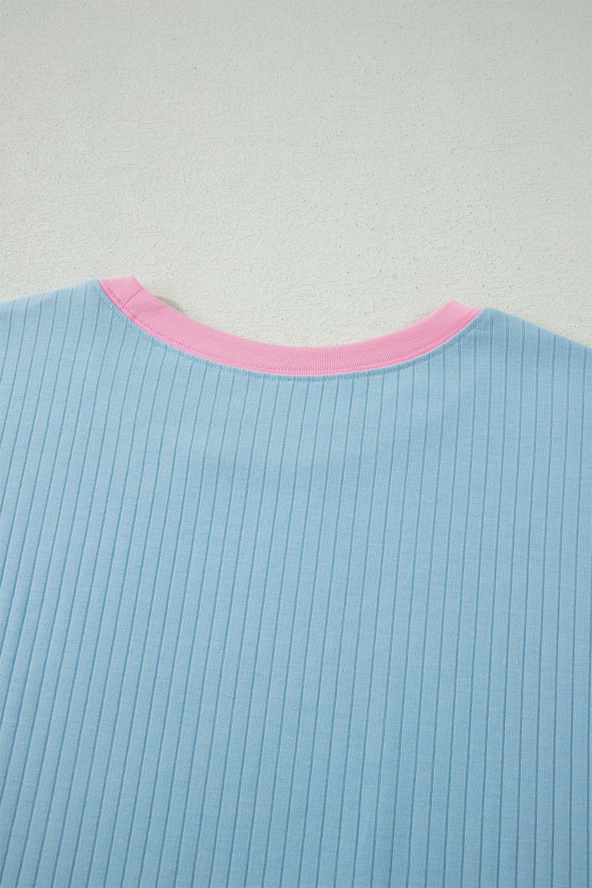 Mist Blue Soft Ribbed Color Block Trim Casual Short Set