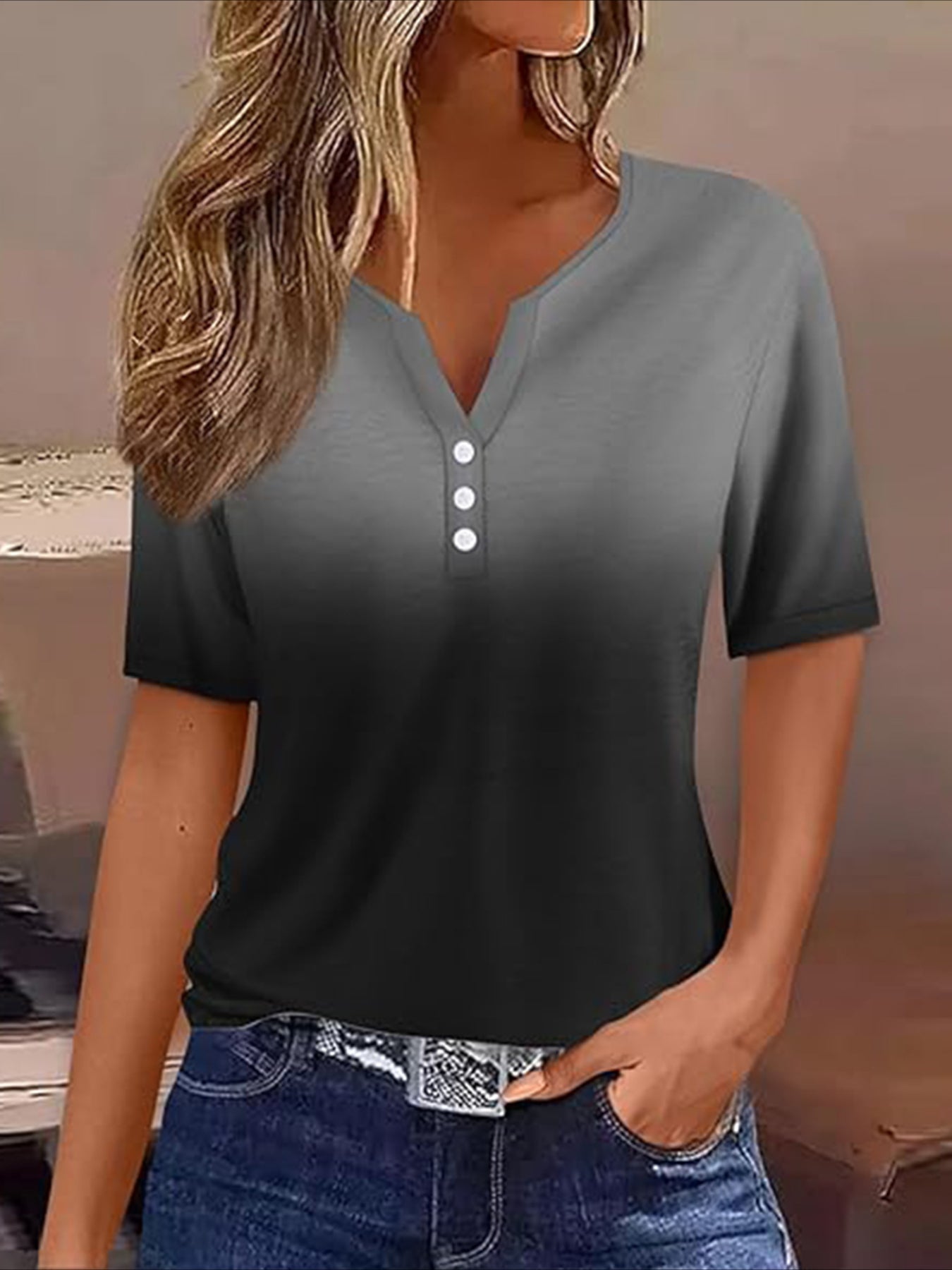 Ombre Fake Buttons Notched Neck T-shirt, Casual Short Sleeve Top