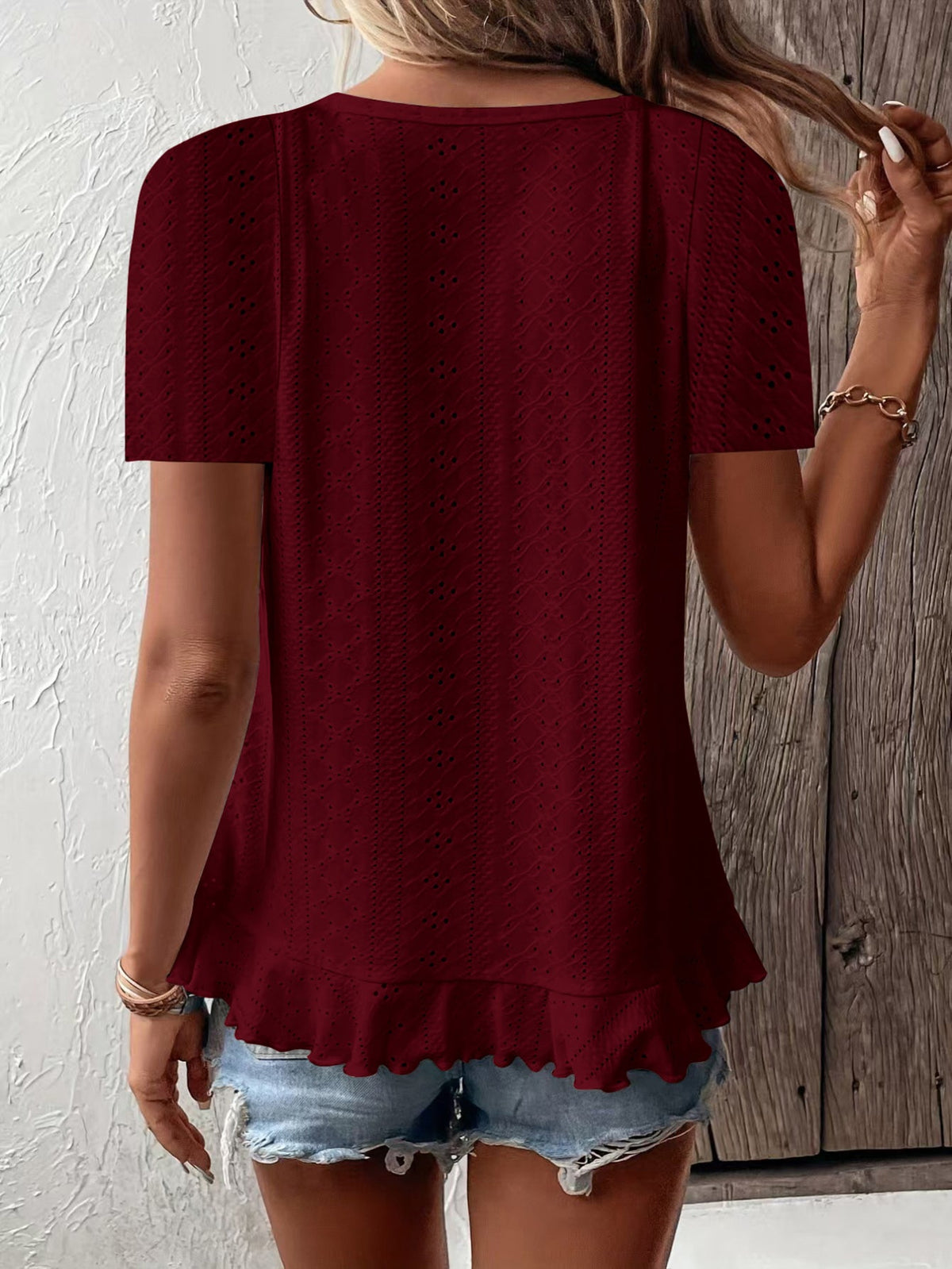 Asymmetrical Ruffle Hem Short Sleeve Round Neck T-Shirt
