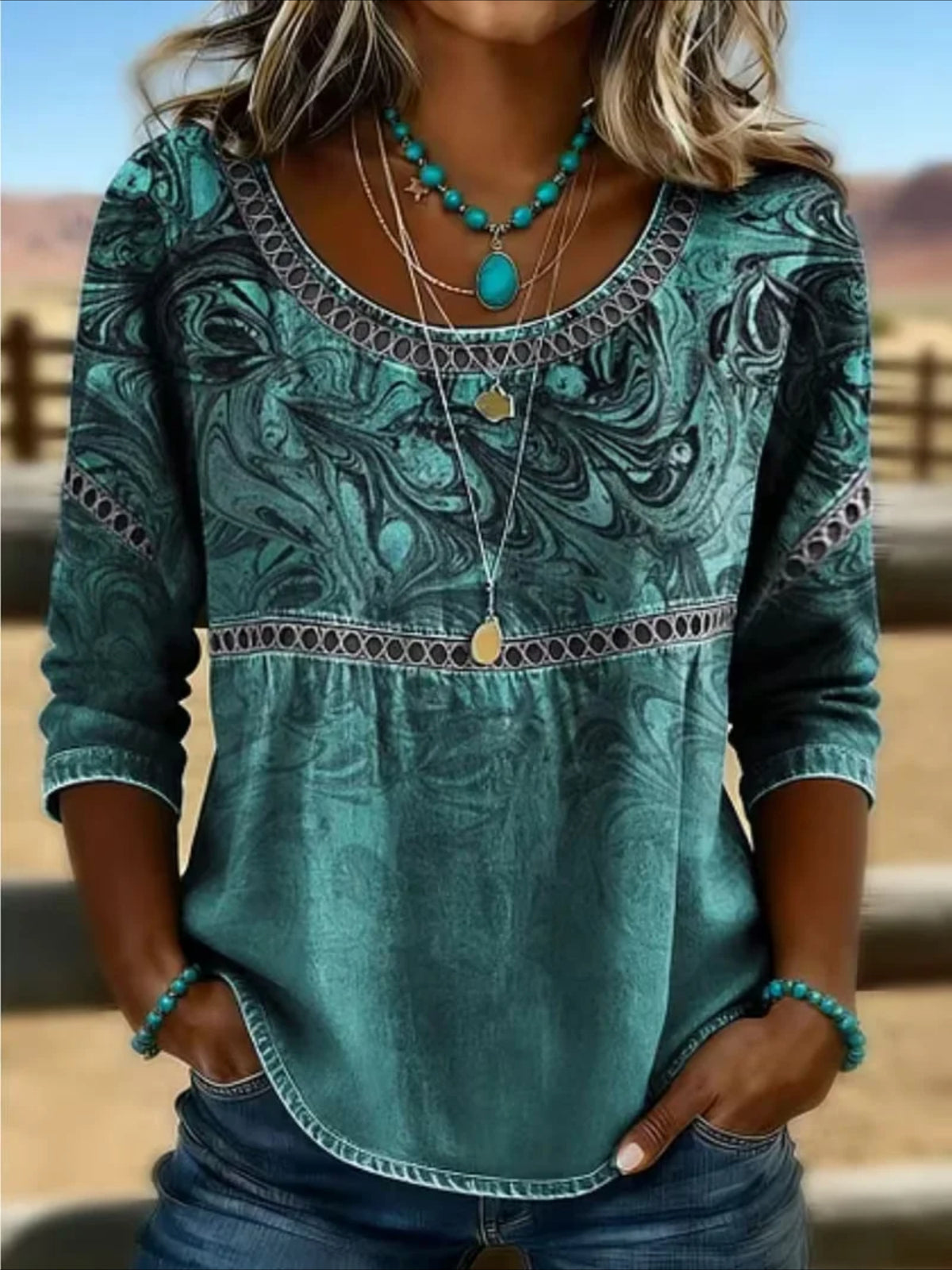Flower Printed Mid Sleeve Pleated Round Neck Top