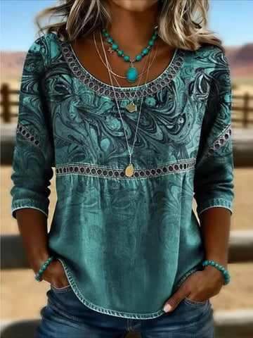 Flower Printed Mid Sleeve Pleated Round Neck Top
