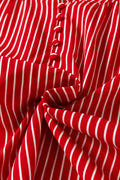 Red Stripe Ruffled Short Puff Sleeve Button Front Blouse