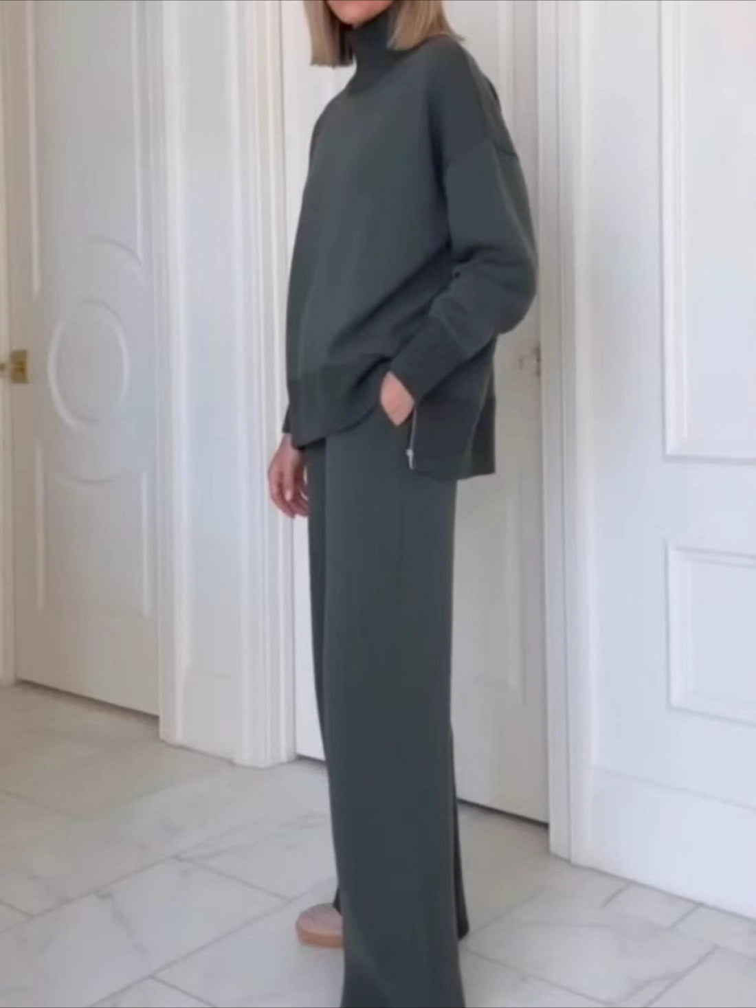 Casual Travel Stand Collar Side Zipper Top Straight Pants Two-Piece Set