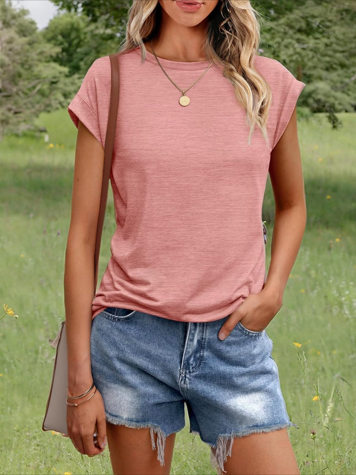 Solid Color Round Neck Cap Sleeve T Shirts