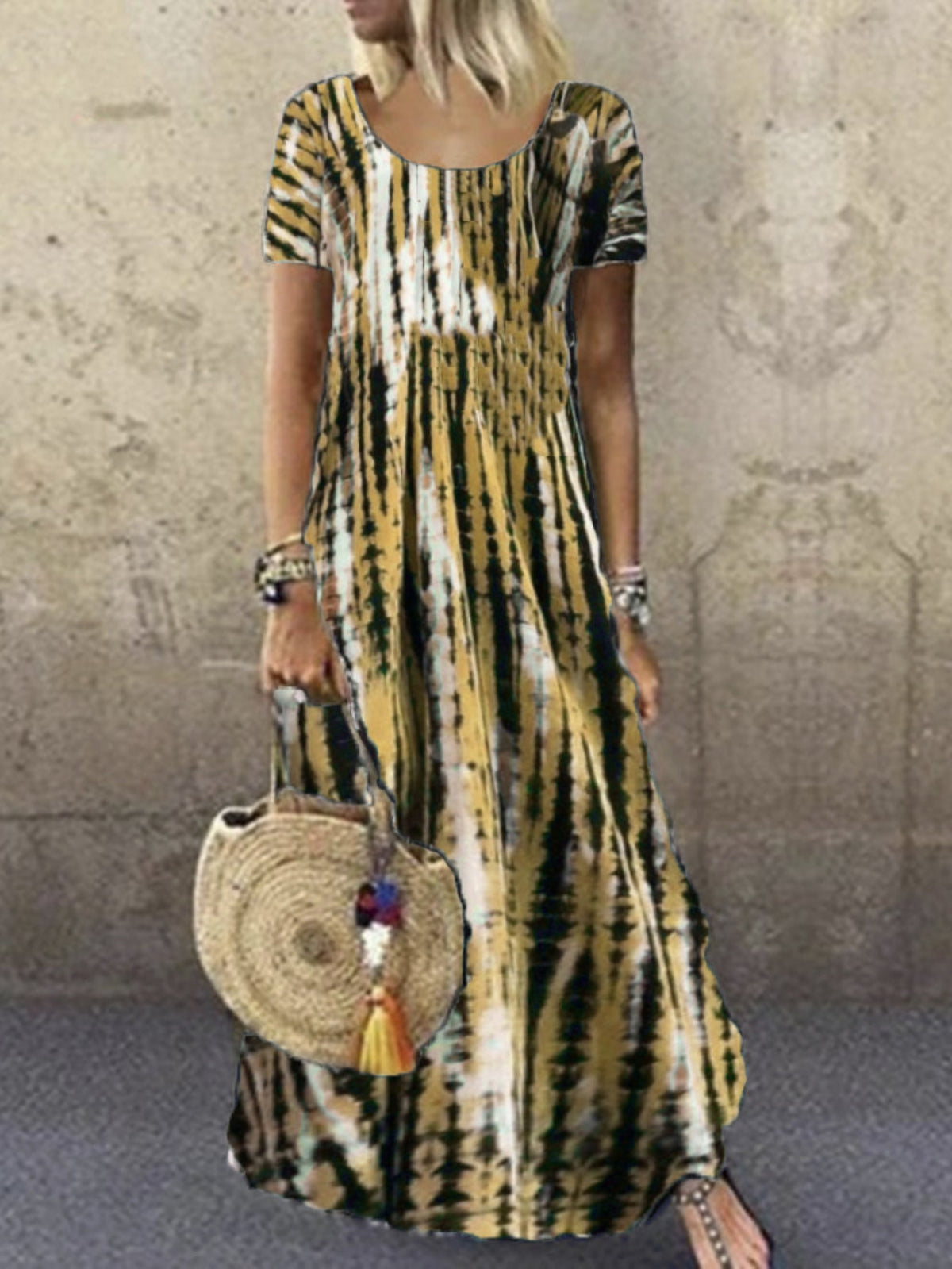 Tie Dye Striped Dress, Casual Crew Neck Short Sleeve Ankle Dress