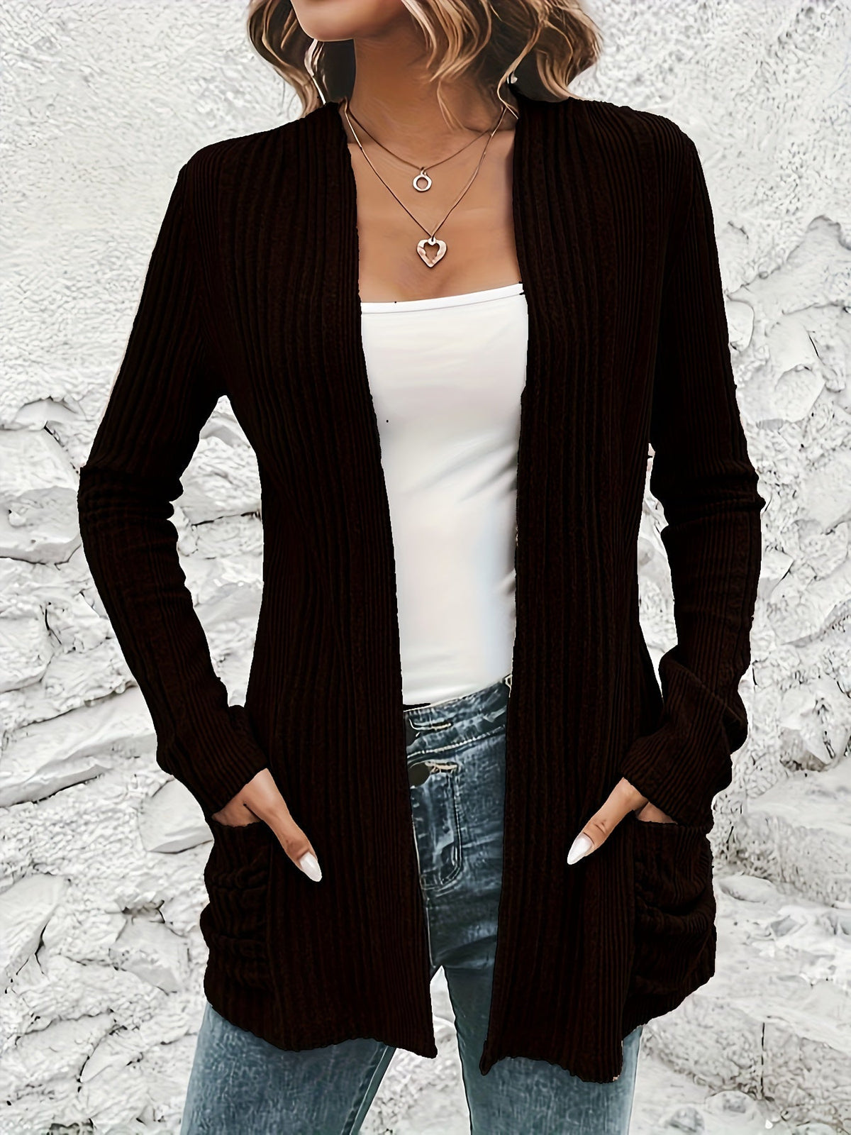 Solid Open Front Rib Knit Cardigan, Casual Long Sleeve Slim Cardigan With Pocket