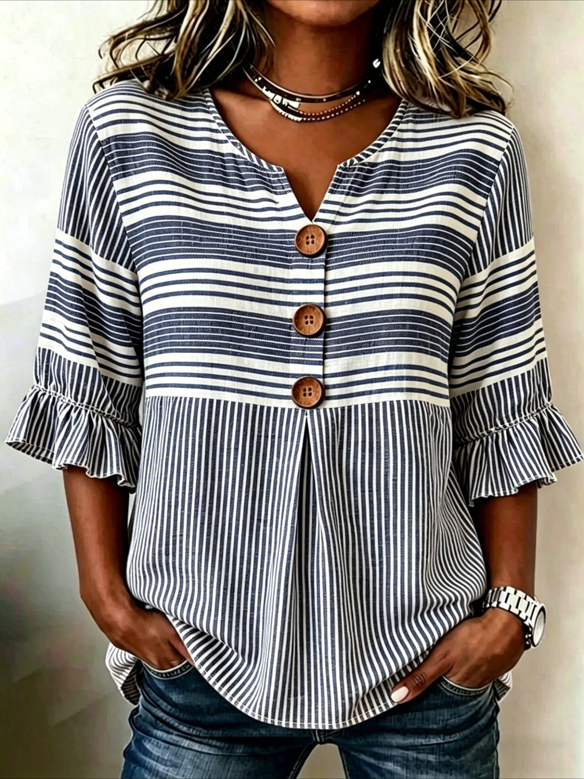 Striped Print V Neck Button Short Ruffle Sleeve Casual Top