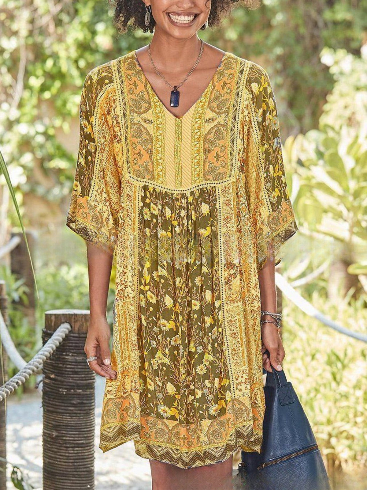 Plus Size Floral Print V Neck Loose Dress, Casual 3/4 Sleeve Dress