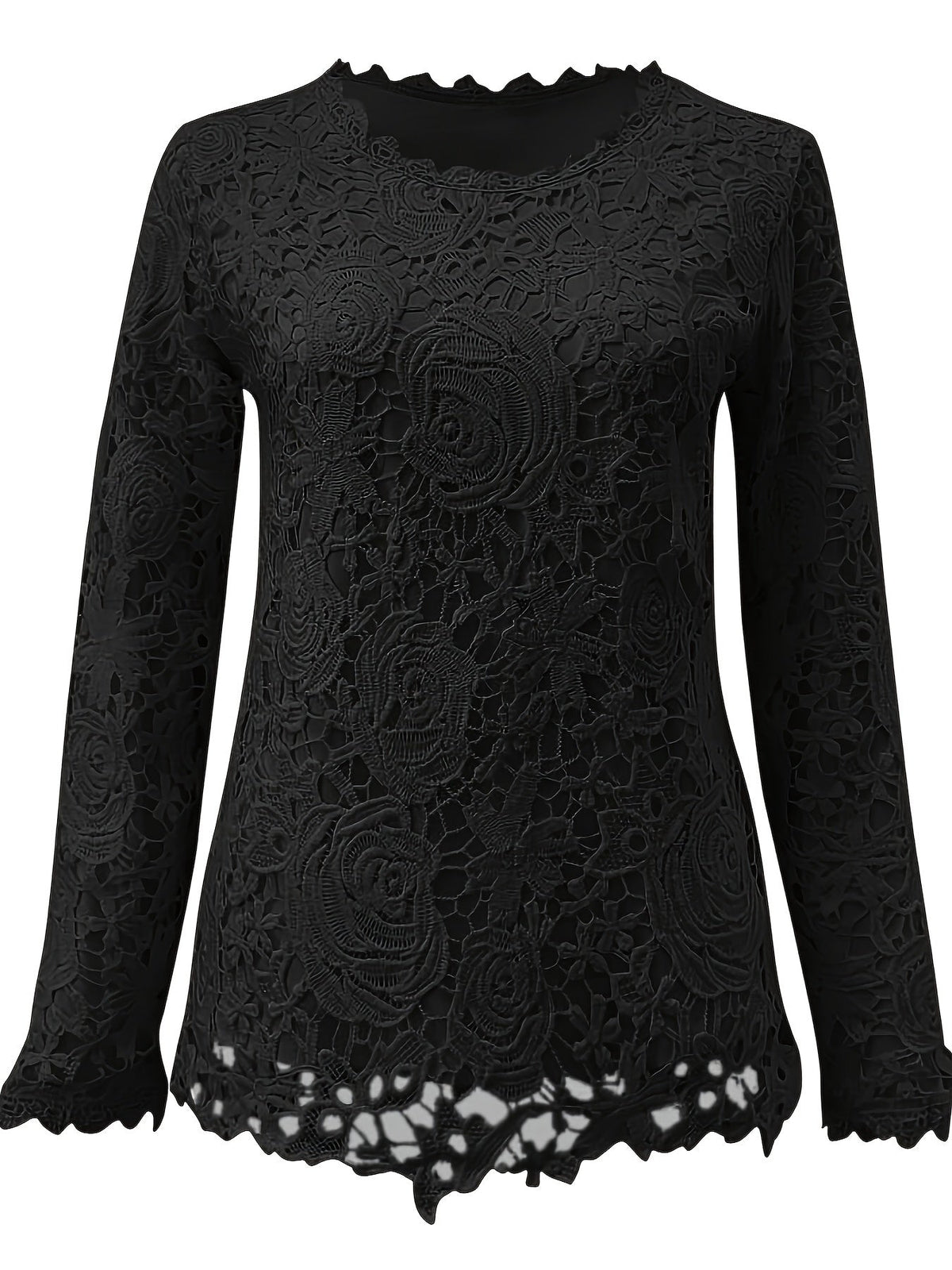Floral Lace Stitching Crew Neck T-Shirt, Casual Long Sleeve