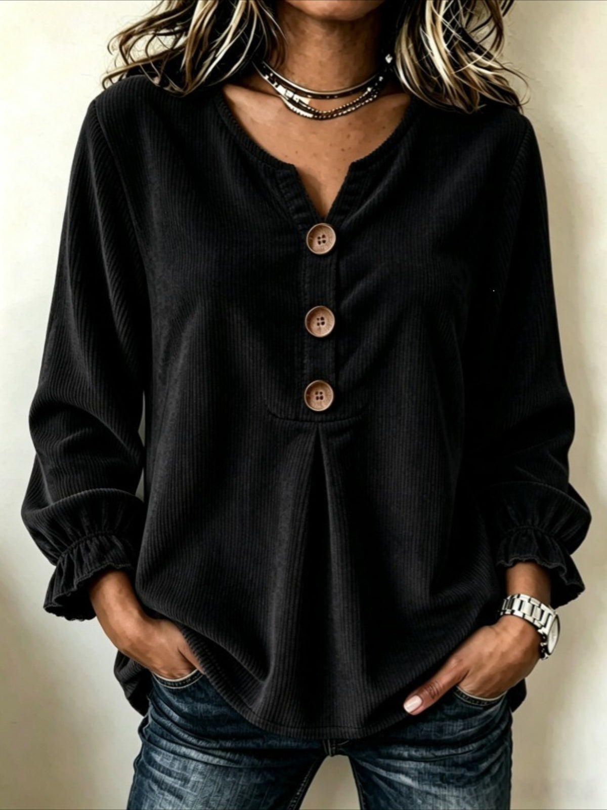 V Neck Corduroy Button-up Ruffle Long Sleeve Shirt