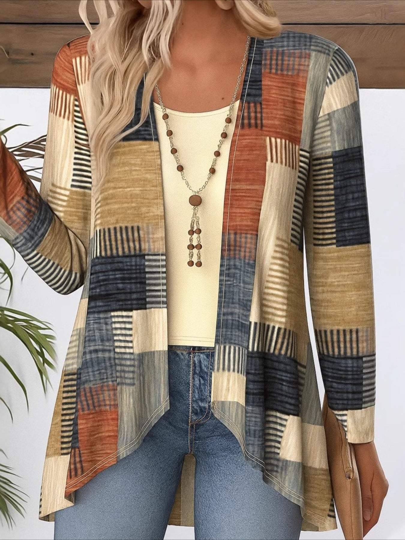 V Neck Long Sleeve Geometric Regular Micro-Elasticity Regular Fit Blouse