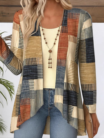 V Neck Long Sleeve Geometric Regular Micro-Elasticity Regular Fit Blouse