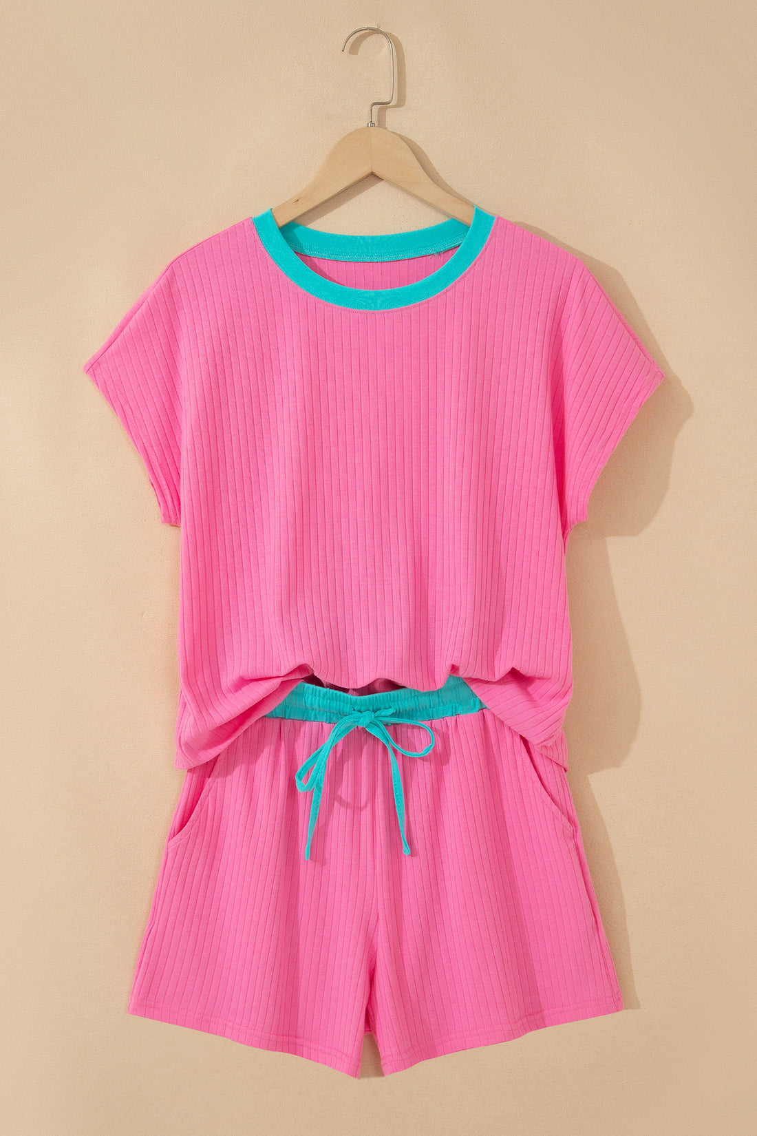 Sachet Pink Soft Ribbed Color Block Trim Casual Short Set