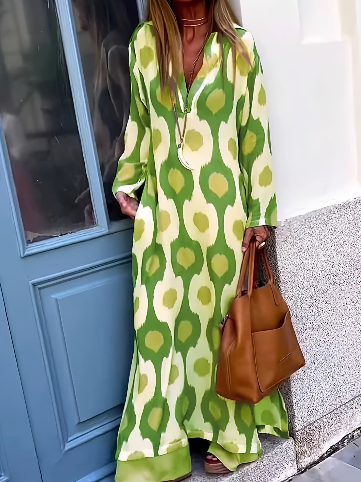 Graphic Print Split Dress, Vintage V Neck Long Sleeve Maxi Dress