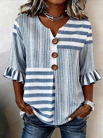 White and Blue V Neck Button Short Ruffle Sleeve Casual Top