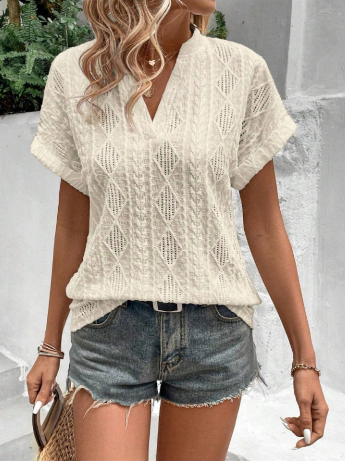 Geo Pattern Notched Neck T-Shirt, Elegant Short Sleeve Textured T-Shirt