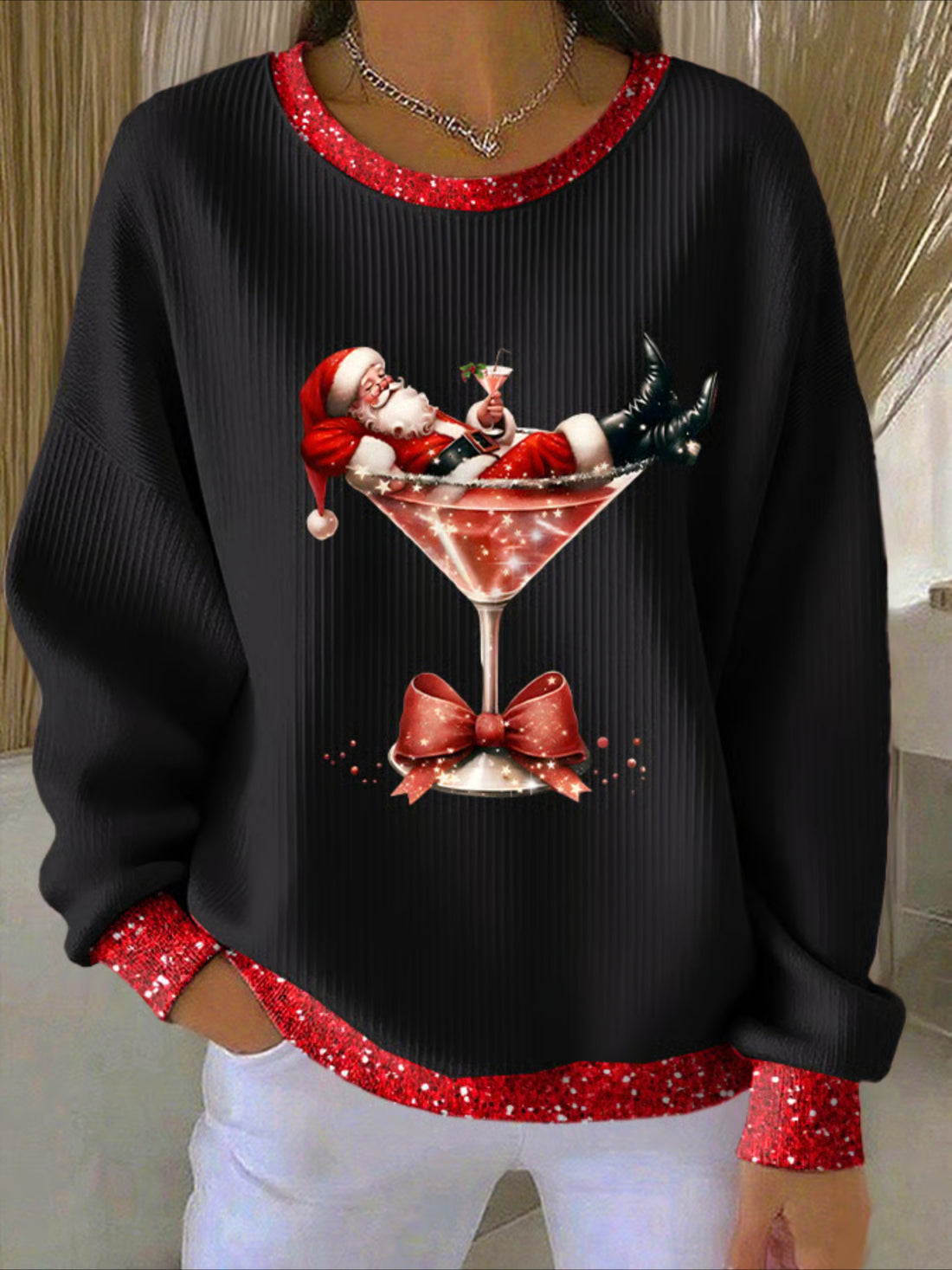 Christmas Printed Crew Neck Floral Long Sleeve Sweater Hoodie