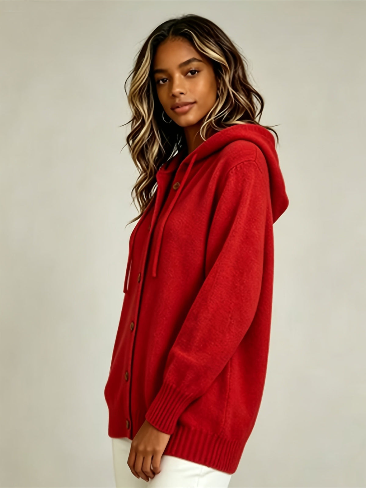 Solid Color Casual Hooded Cardigan Coat with Buttons