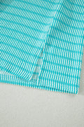 Sky Blue Stripe Raised Rib Loose Tee Drawstring Elastic Waist 2pcs Short Set