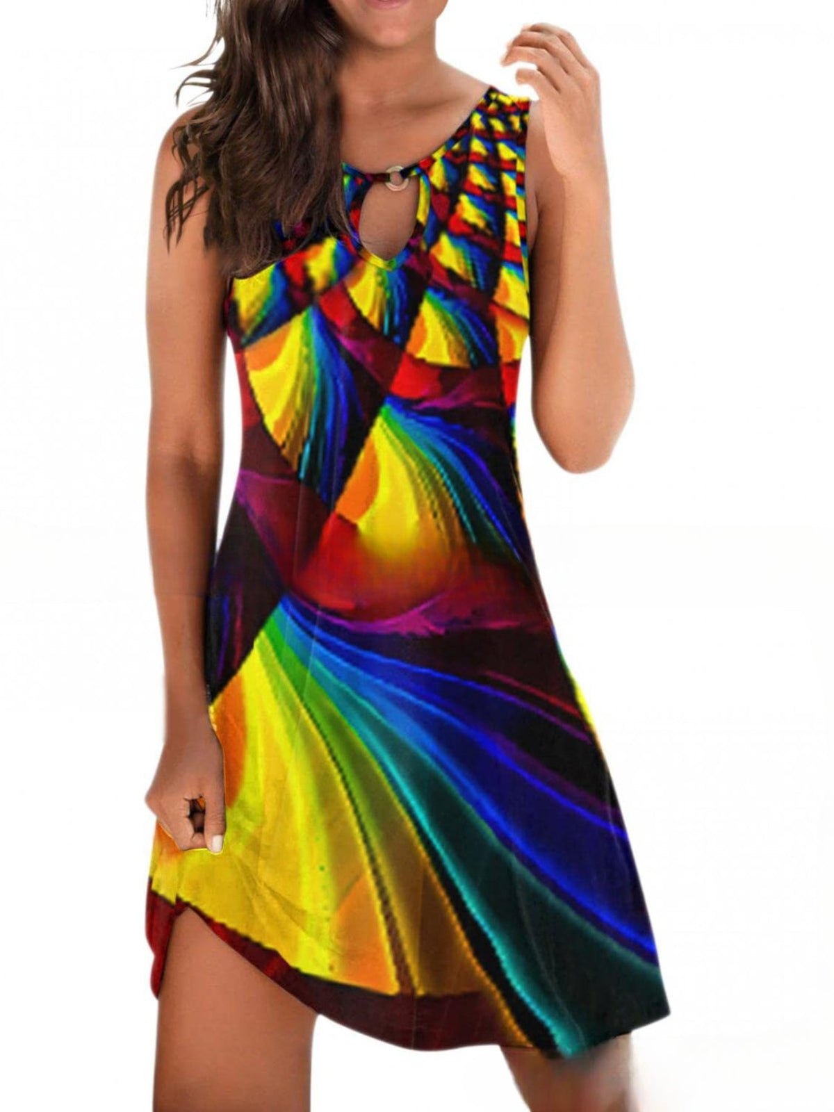 Floral Print Ring Decor Tank Dress, Casual Sleeveless Dress