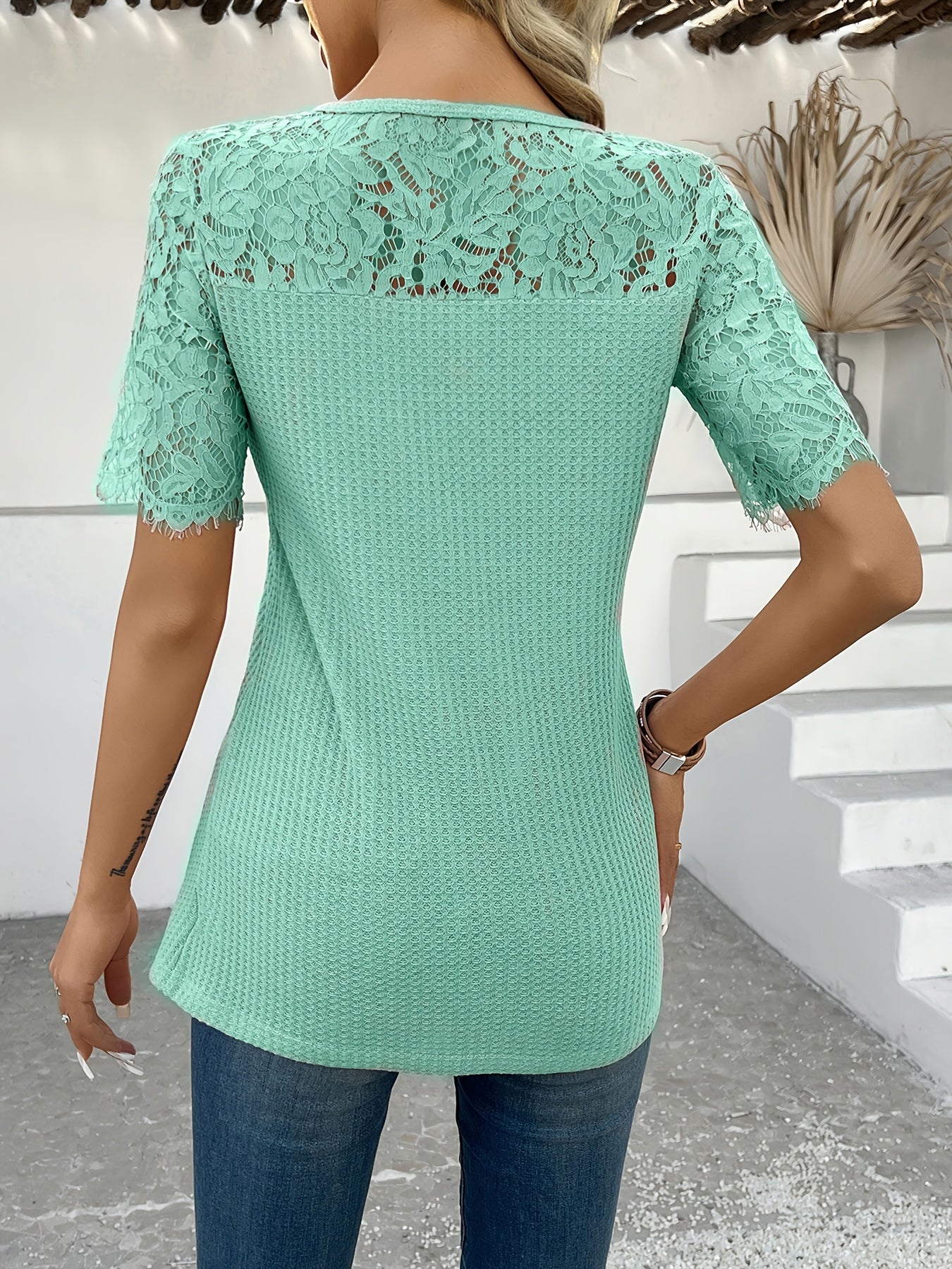 Short Sleeve Round Neck Long Tunic with Floral Embroidery Lace Detail Knit Top