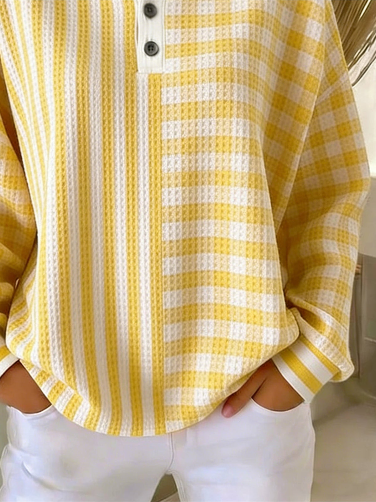 Colorful Ribbed V Neck Braided Print Long Sleeve Regular Sweatshirt