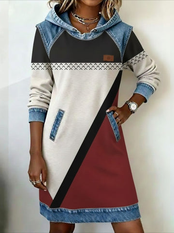 Denim Patchwork Abstract Long Sleeve Hoodie Printing Daily Vintage H-Line Spring/Fall Midi Dress
