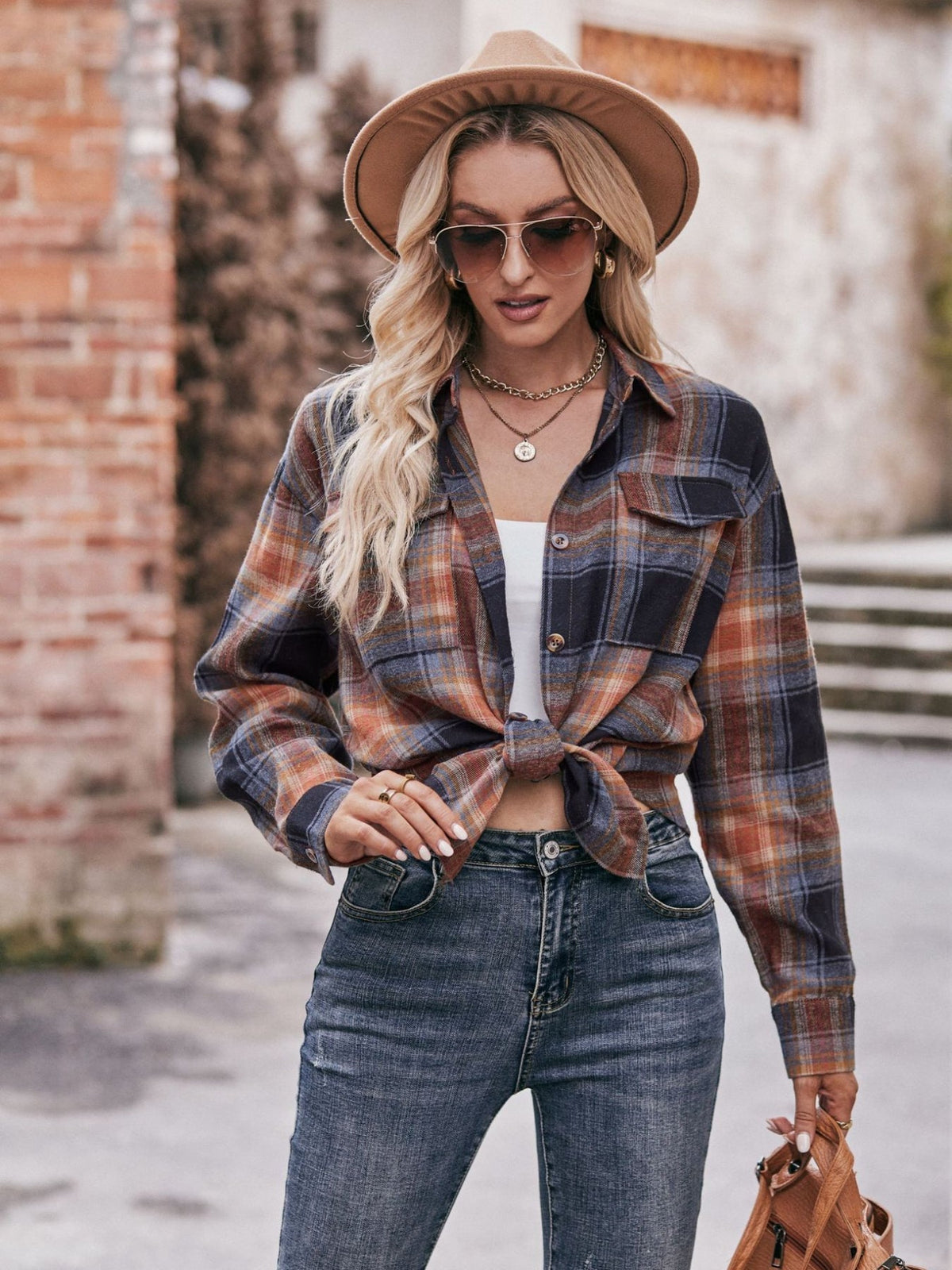 Plaid Print Polo Collar Button Shirt, Casual Long Sleeve Shirt