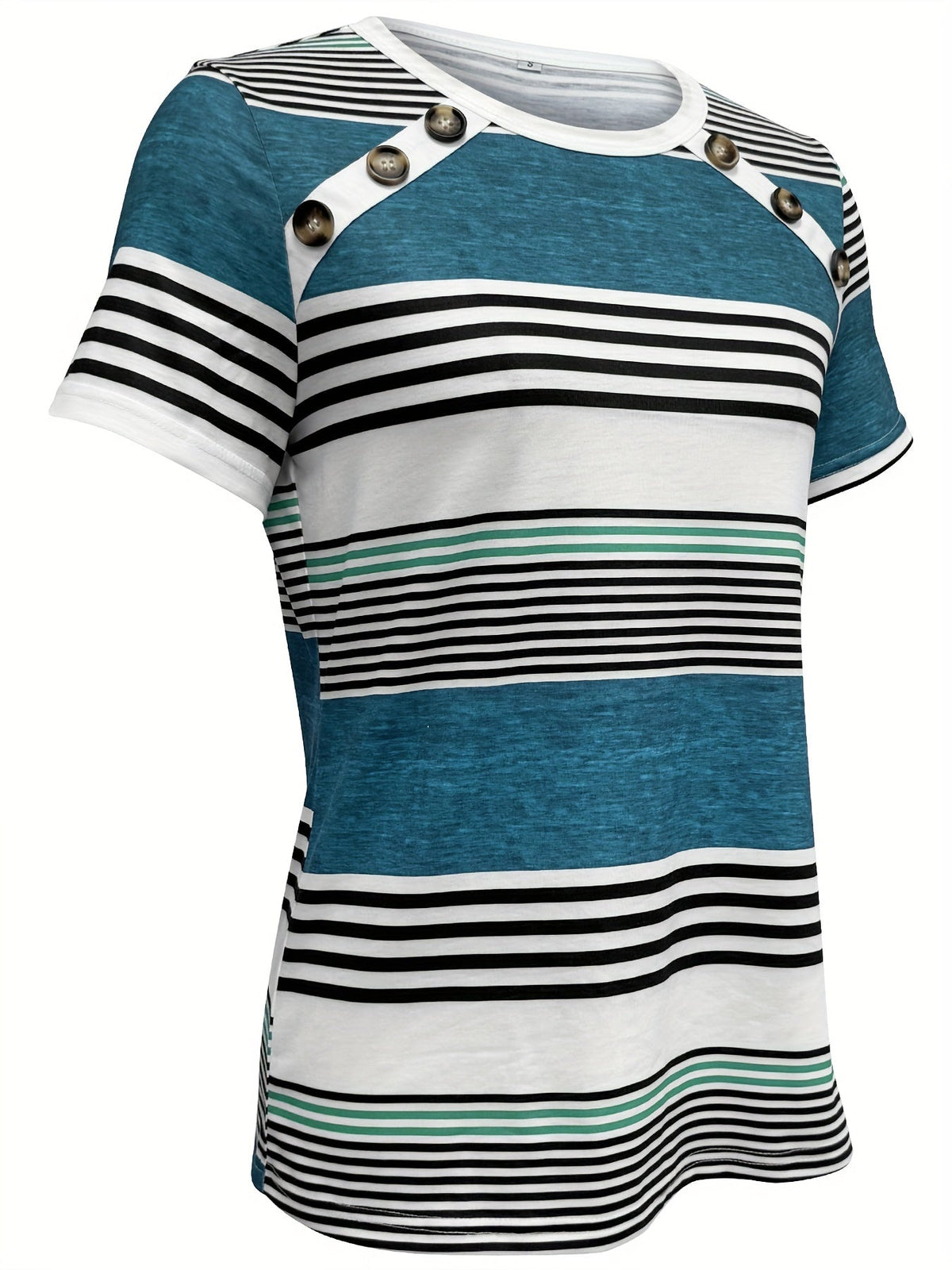 Button Front Vibrant Striped Short Sleeve Crew Neck T-Shirt