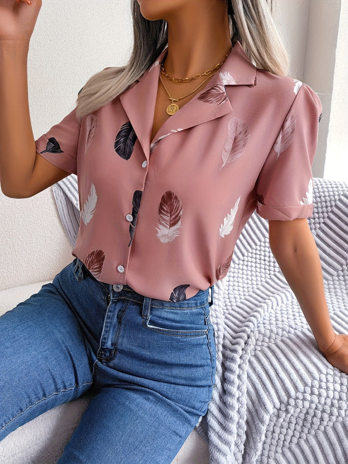 Feather Print Button Front Shirt, Casual Lapel Short Sleeve Shirt