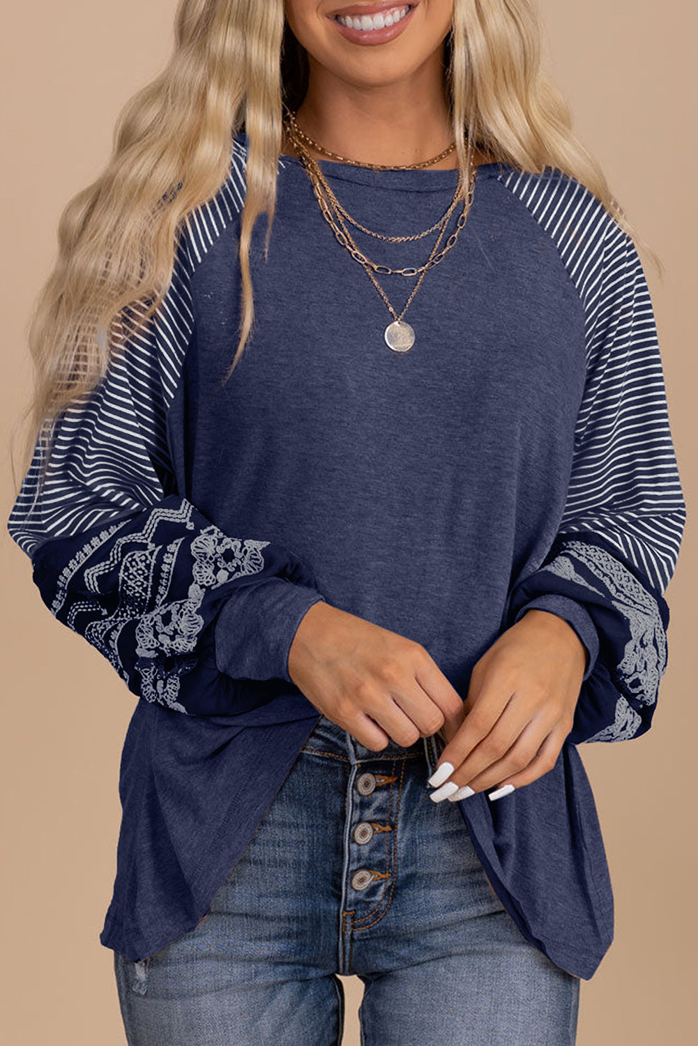 Navy Blue Contrast Print Striped Raglan Long Sleeve Loose Top