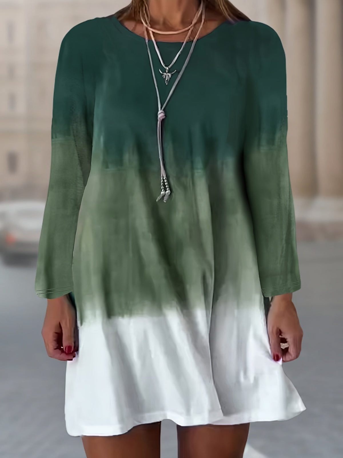 Ombre Color Crew Neck Casual Long Sleeve Dress