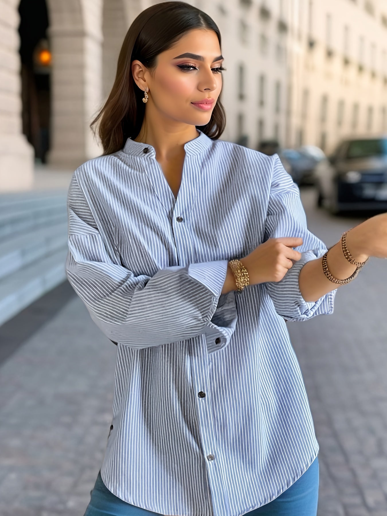 Women's Stripe Print Button Front Blouse - Casual Long Sleeve Top