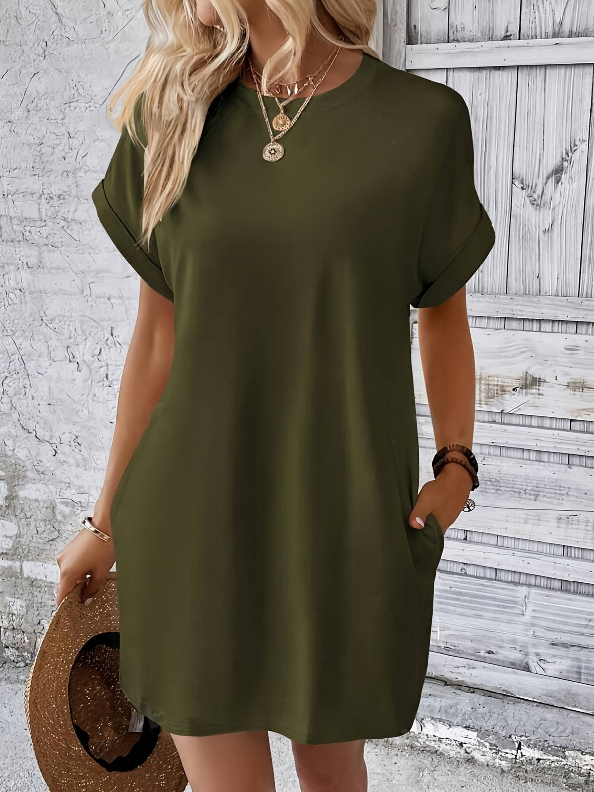 Crew Neck With Pocket Dress, Casual Short Sleeve Dress