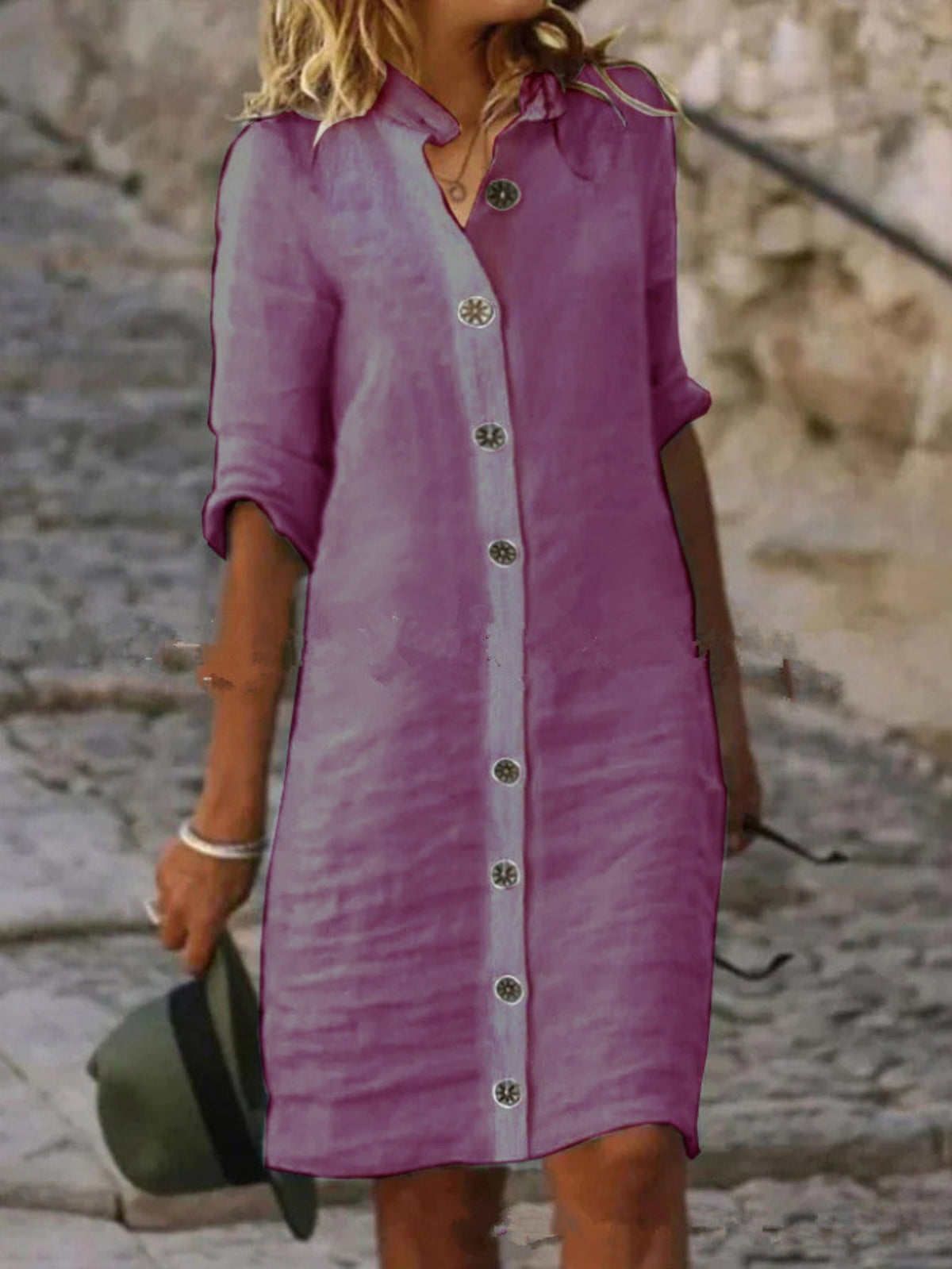 Button Front Half Sleeve Dress, Casual Solid Simple Midi Dress