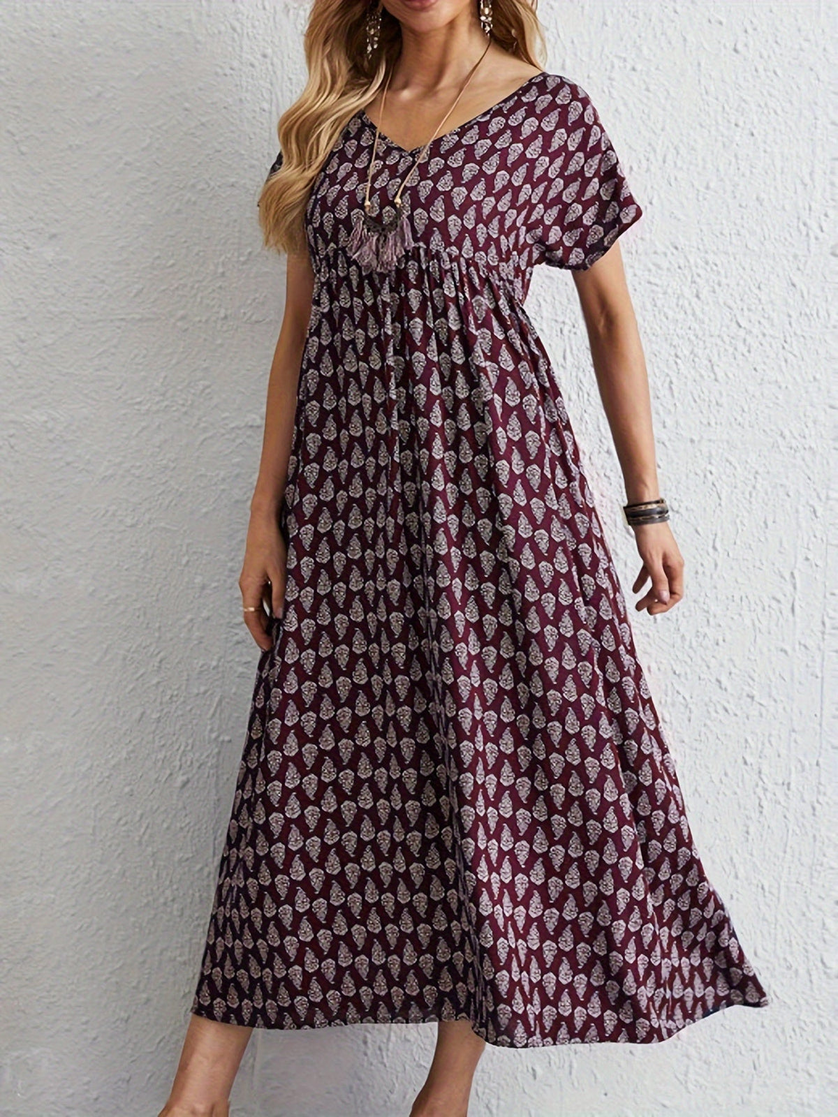 All Over Print Dress, Casual V Neck Short Sleeve Dress